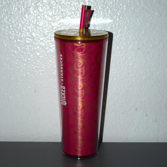 NWT Starbucks X Wicked Pink/Gold 24 Oz Cold Cup W/Straw - Picture 2 of 4